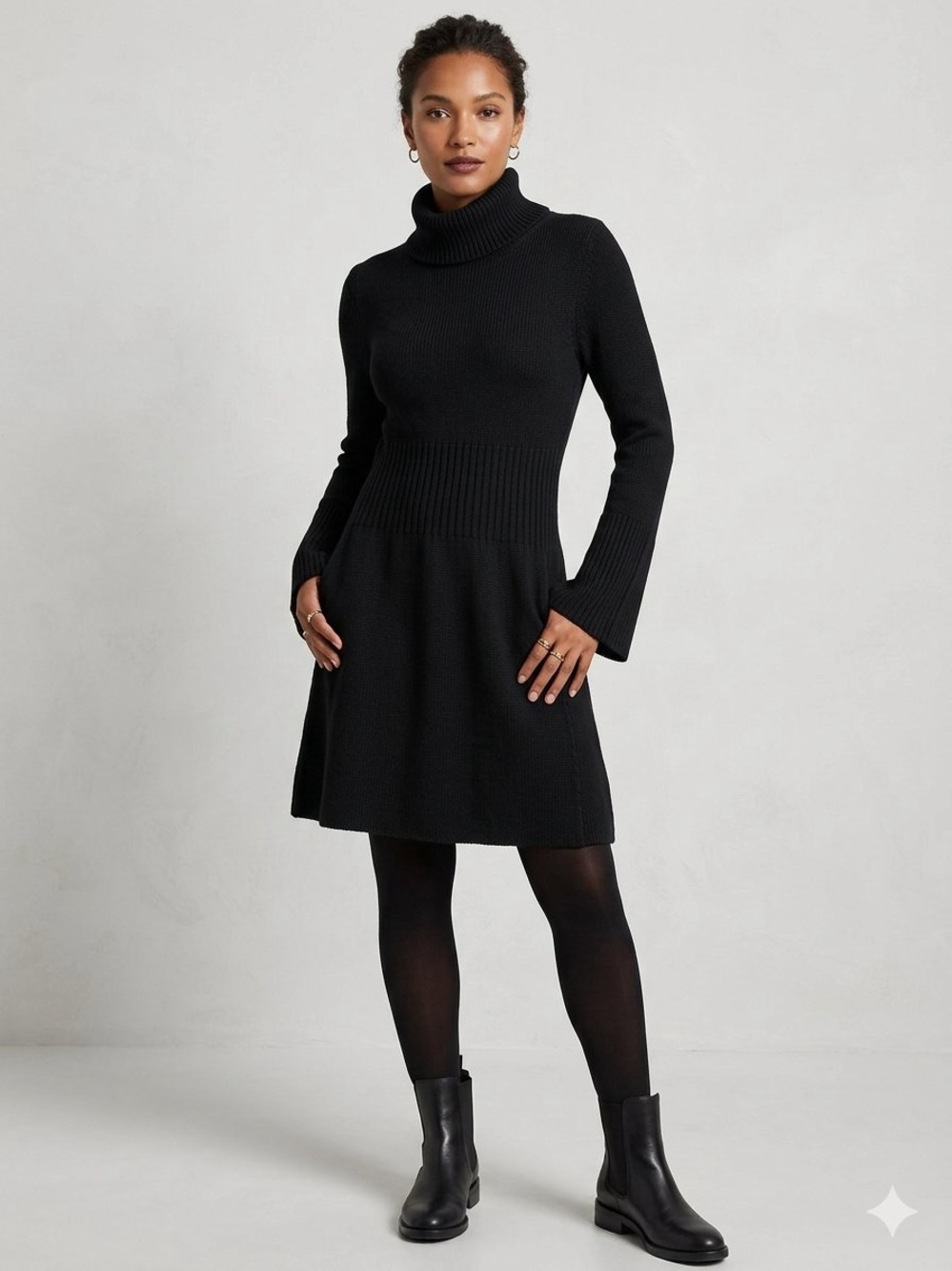 White House Black Market- Turtleneck Knit Dress - Long Bell Sleeve Sweater Dress